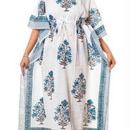 White Blue Floral Print Cotton Kaftan Dress