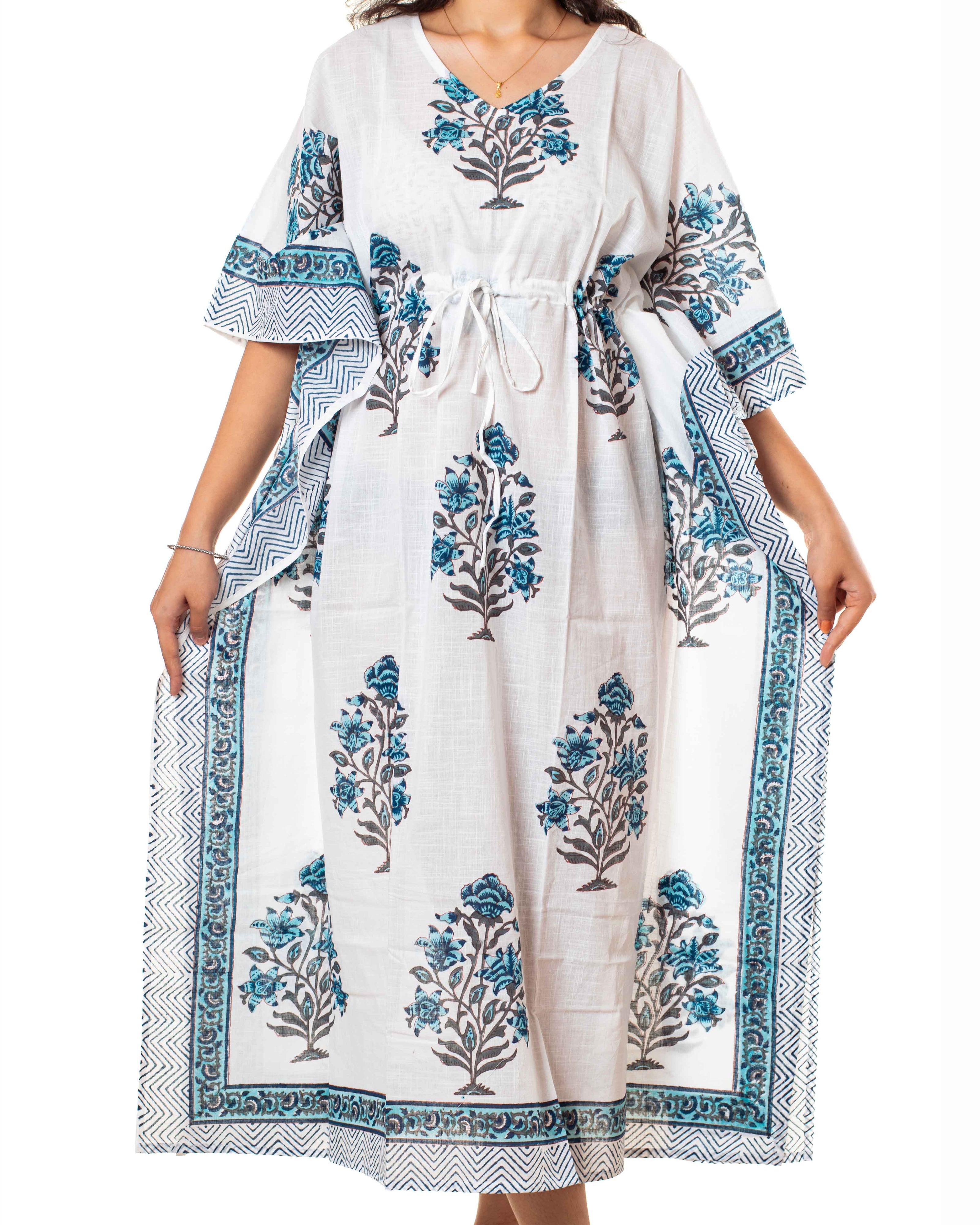 White Blue Floral Print Cotton Kaftan Dress