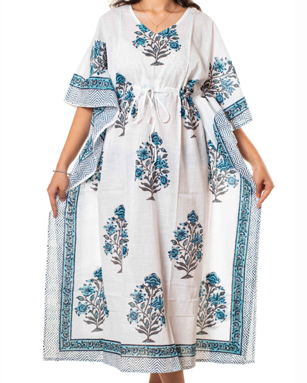 White Blue Floral Print Cotton Kaftan Dress