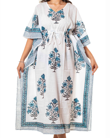 White Blue Floral Print Cotton Kaftan Dress
