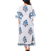 White Blue Floral Print Cotton Kaftan Dress