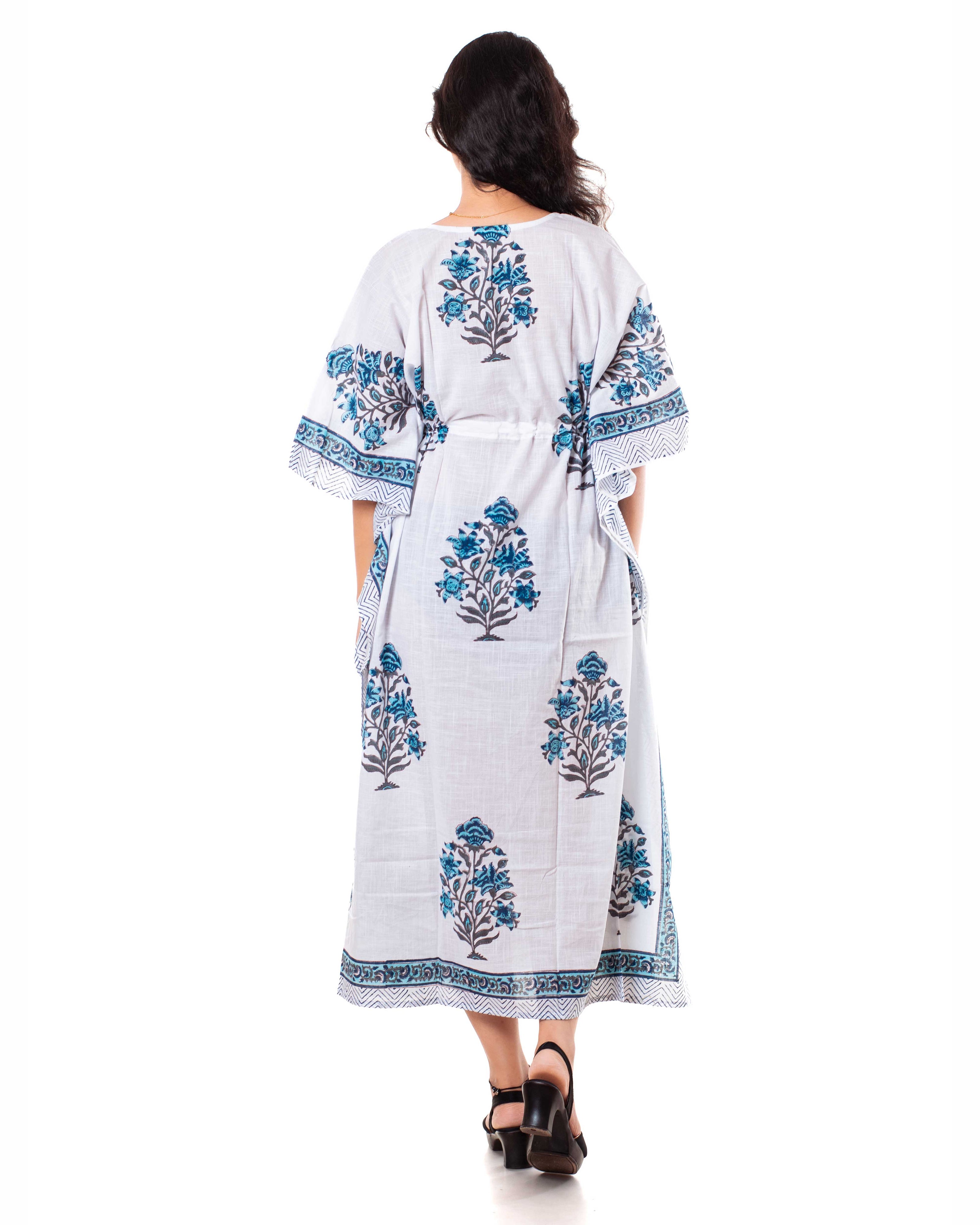 White Blue Floral Print Cotton Kaftan Dress
