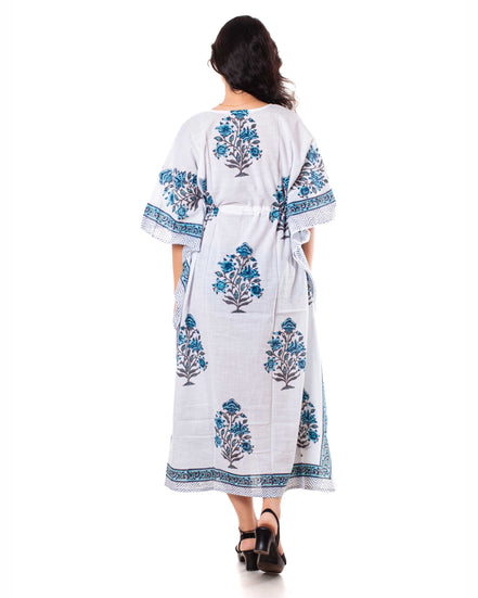 White Blue Floral Print Cotton Kaftan Dress