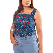 Navy Floral Print Cotton Sleeveless Short Kurti