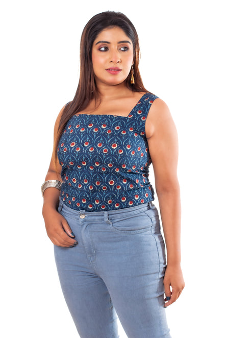 Navy Floral Print Cotton Sleeveless Short Kurti