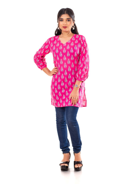 Pink Booti Print Cotton Short Kurti