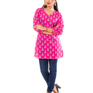 Pink Booti Print Cotton Short Kurti