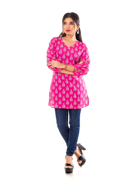 Pink Booti Print Cotton Short Kurti