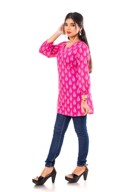 Pink Booti Print Cotton Short Kurti