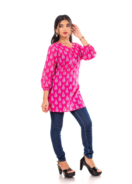 Pink Booti Print Cotton Short Kurti