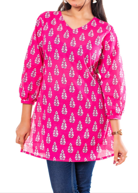 Pink Booti Print Cotton Short Kurti