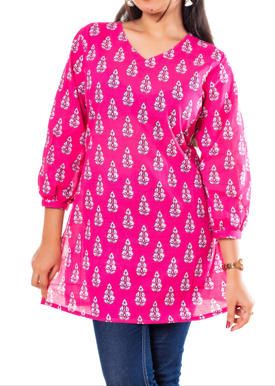 Pink Booti Print Cotton Short Kurti