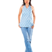 Powder Blue Floral Print Halter Neck Top