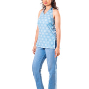 Powder Blue Floral Print Halter Neck Top