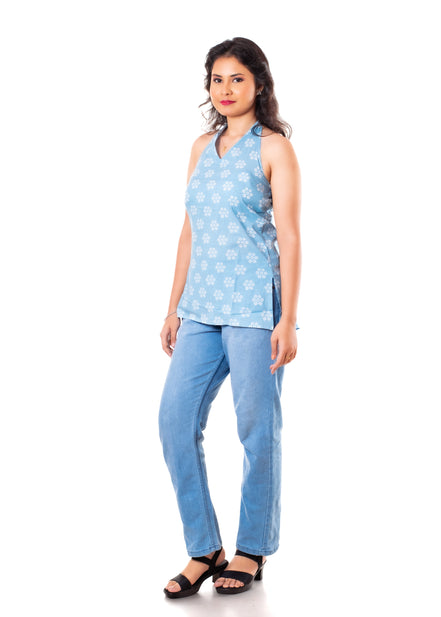 Powder Blue Floral Print Halter Neck Top