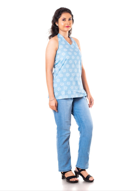 Powder Blue Floral Print Halter Neck Top