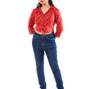 Red Floral Print Cotton Collared Crop Top for Women