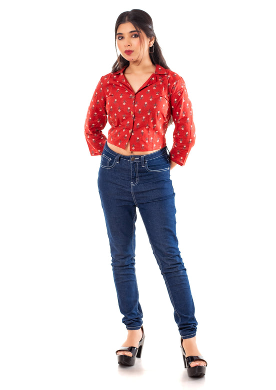 Red Floral Print Cotton Collared Crop Top for Women