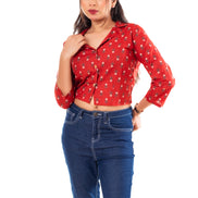 Red Floral Print Cotton Collared Crop Top for Women