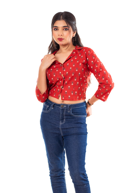 Red Floral Print Cotton Collared Crop Top for Women