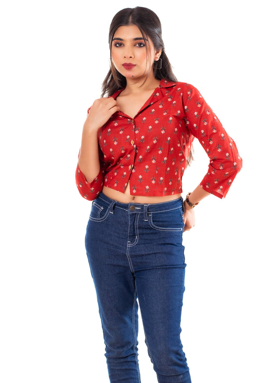 Red Floral Print Cotton Collared Crop Top for Women