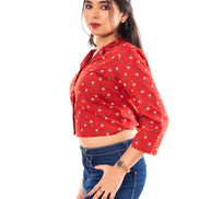 Red Floral Print Cotton Collared Crop Top for Women
