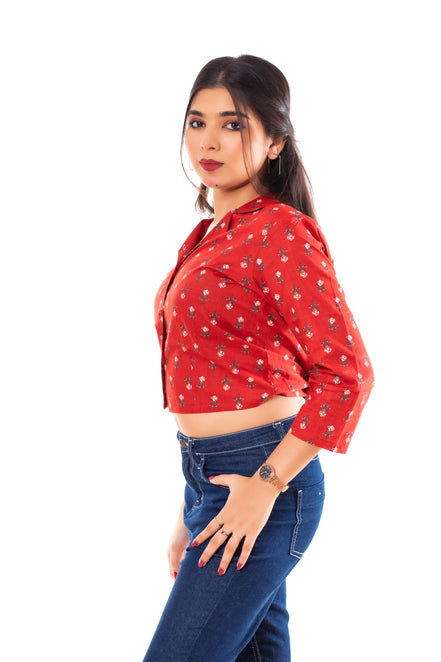 Red Floral Print Cotton Collared Crop Top for Women