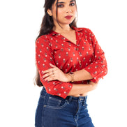 Red Floral Print Cotton Collared Crop Top for Women