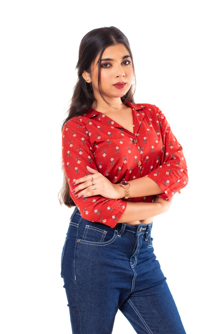 Red Floral Print Cotton Collared Crop Top for Women