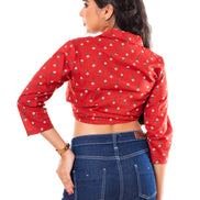 Red Floral Print Cotton Collared Crop Top for Women