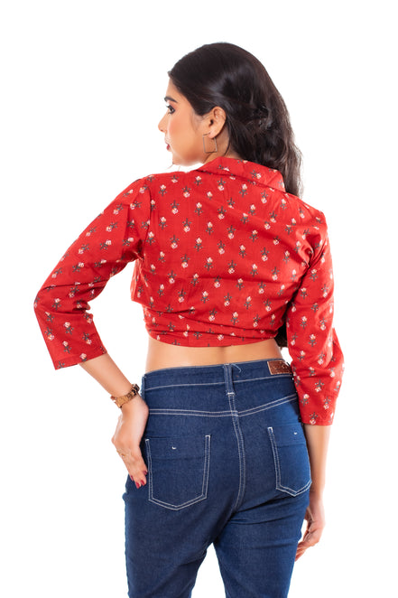 Red Floral Print Cotton Collared Crop Top for Women