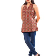 Rust Terracotta Ajrakh Print Cotton Halter Neck Top for Women