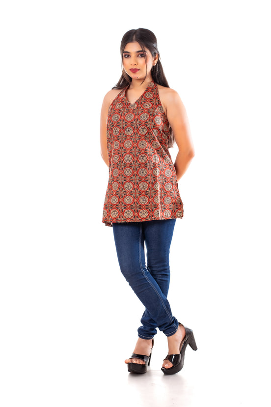 Rust Terracotta Ajrakh Print Cotton Halter Neck Top for Women