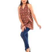 Rust Terracotta Ajrakh Print Cotton Halter Neck Top for Women