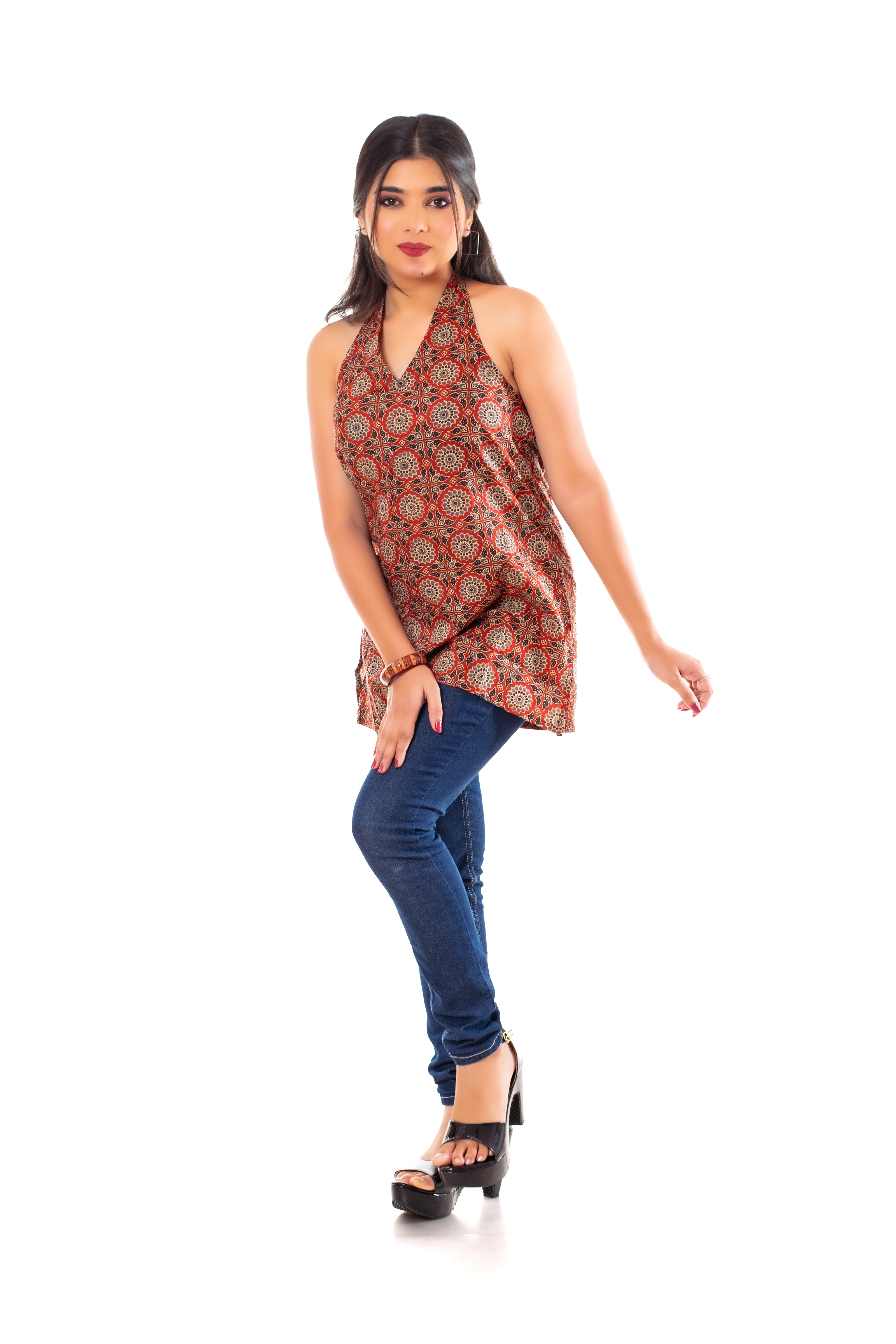 Rust Terracotta Ajrakh Print Cotton Halter Neck Top for Women