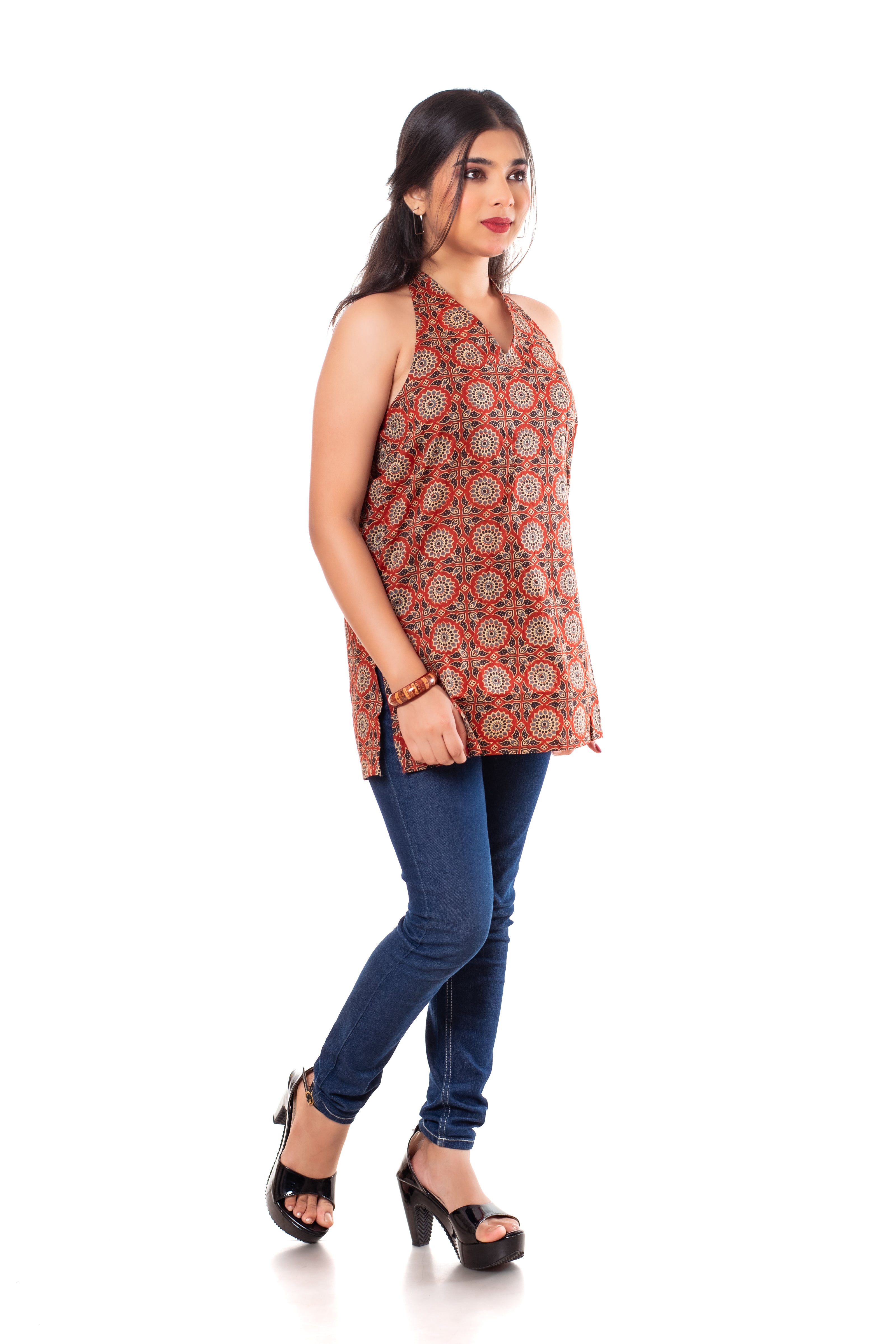 Rust Terracotta Ajrakh Print Cotton Halter Neck Top for Women