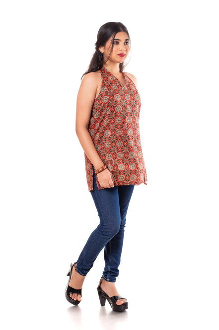 Rust Terracotta Ajrakh Print Cotton Halter Neck Top for Women