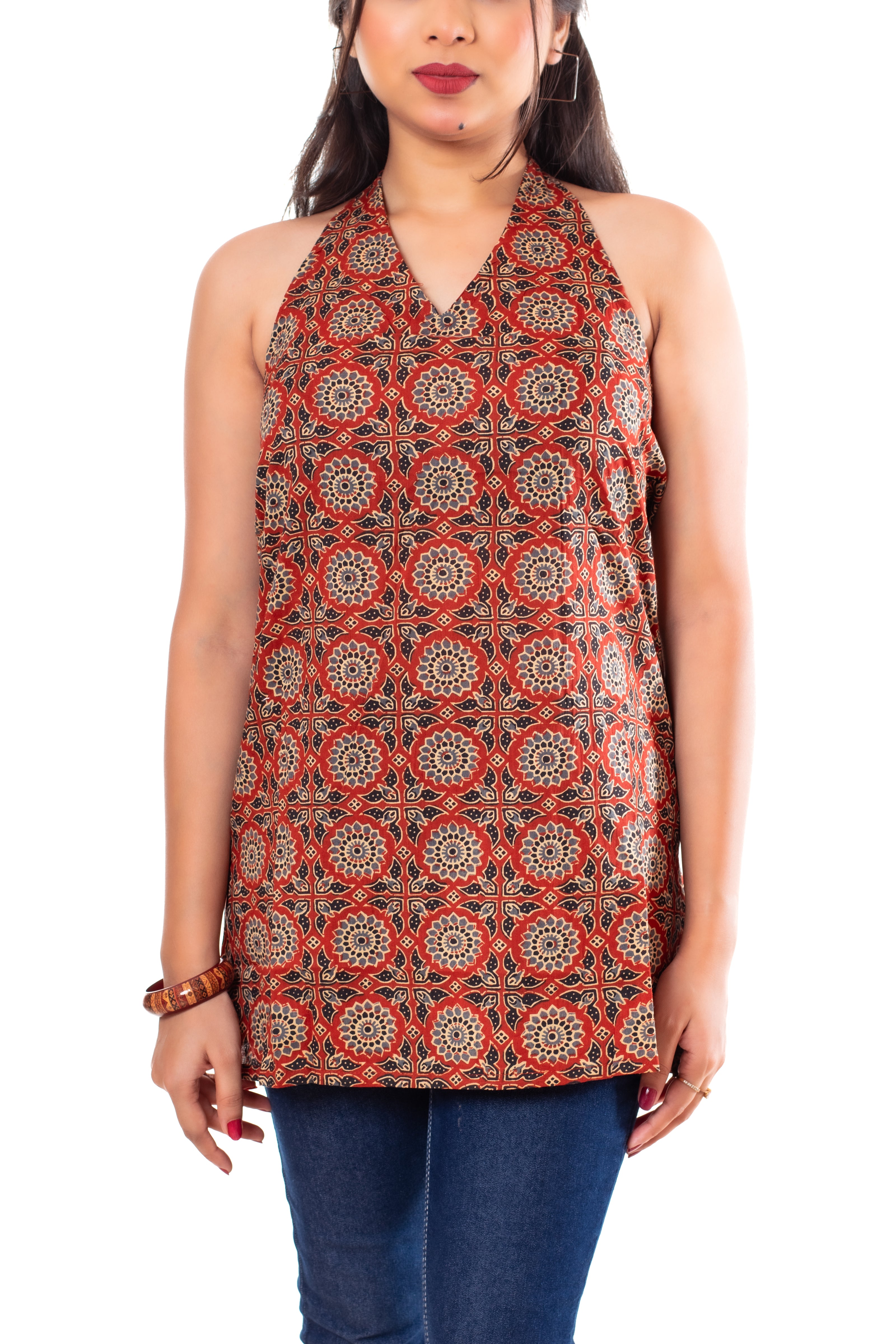 Rust Terracotta Ajrakh Print Cotton Halter Neck Top for Women