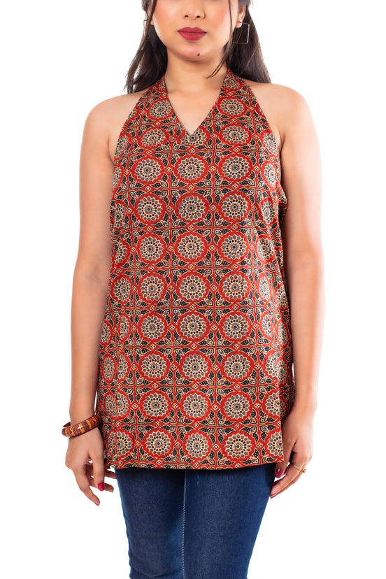 Rust Terracotta Ajrakh Print Cotton Halter Neck Top for Women