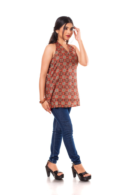 Rust Terracotta Ajrakh Print Cotton Halter Neck Top for Women