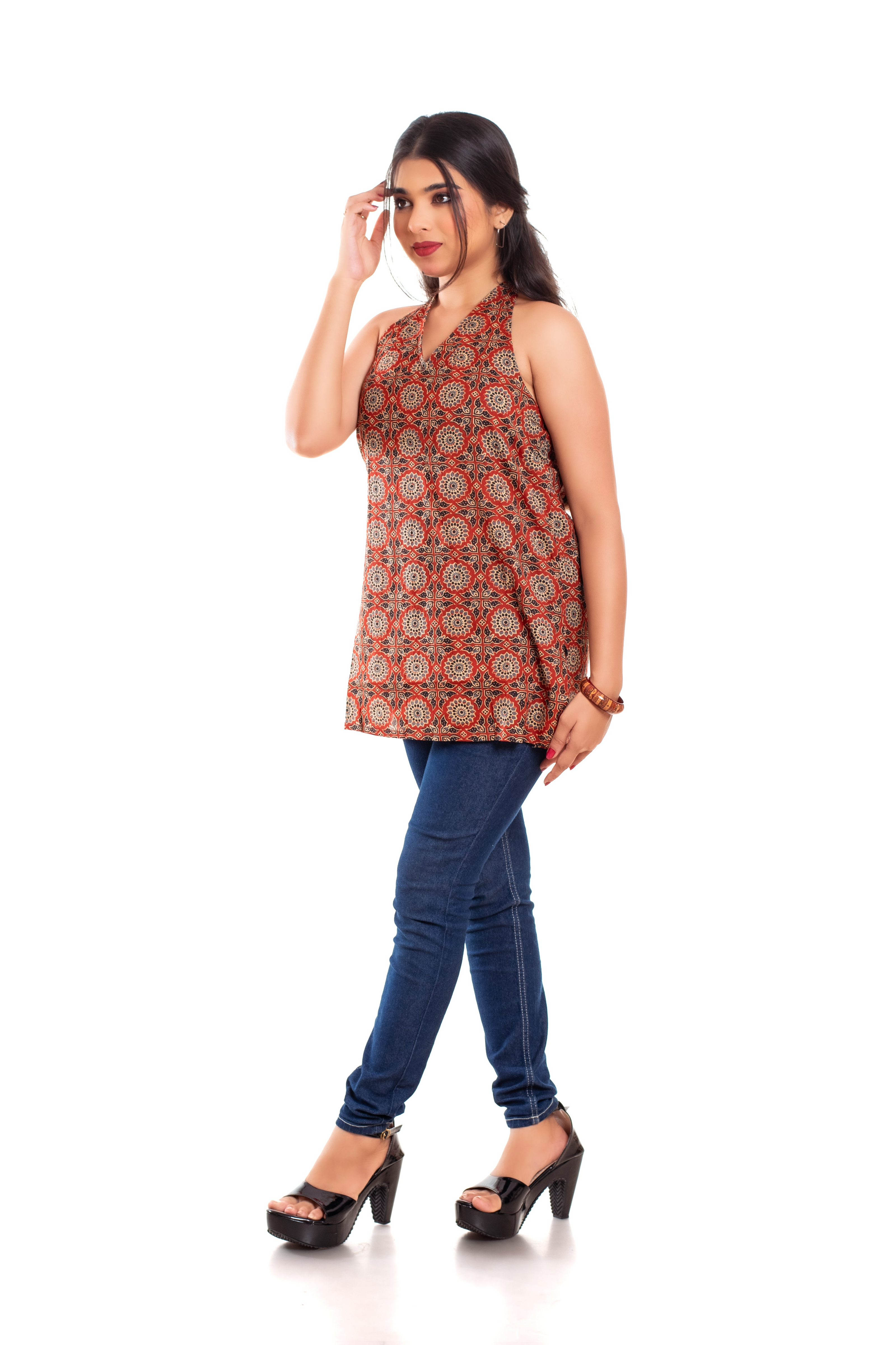 Rust Terracotta Ajrakh Print Cotton Halter Neck Top for Women