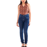 Rust Terracotta Ajrakh Print Cotton Halter Neck Top for Women