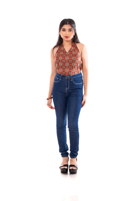 Rust Terracotta Ajrakh Print Cotton Halter Neck Top for Women