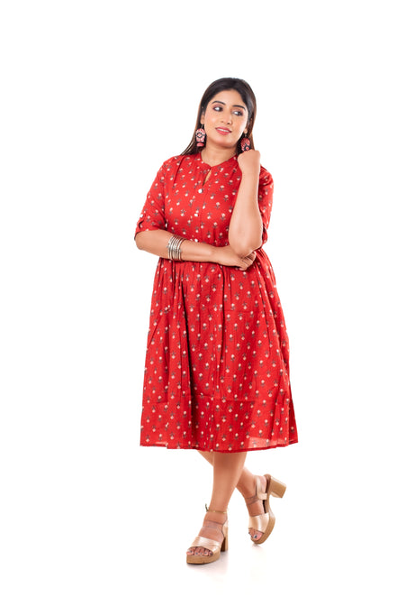 Red Floral Booti Print Cotton A-Line Dress