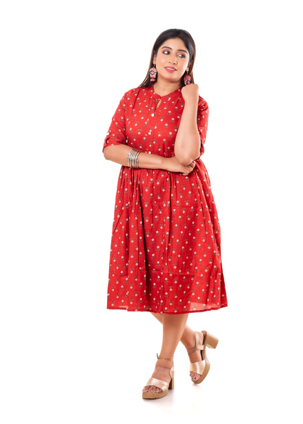 Red Floral Booti Print Cotton A-Line Dress