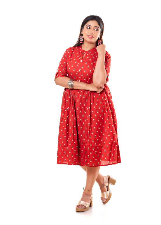 Red Floral Booti Print Cotton A-Line Dress
