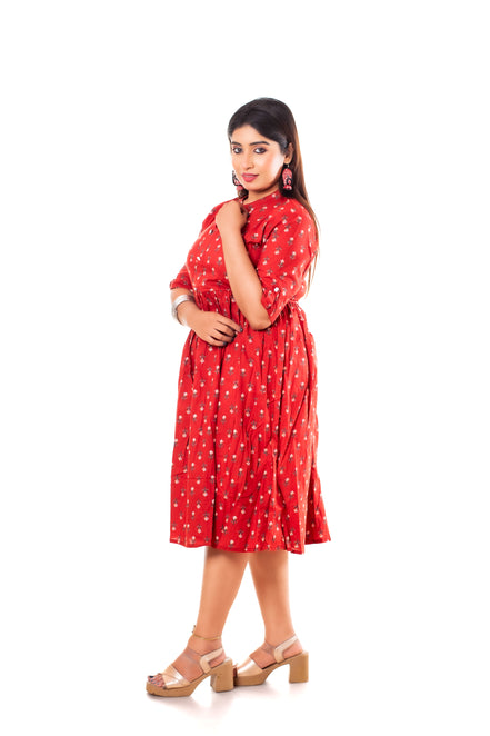 Red Floral Booti Print Cotton A-Line Dress