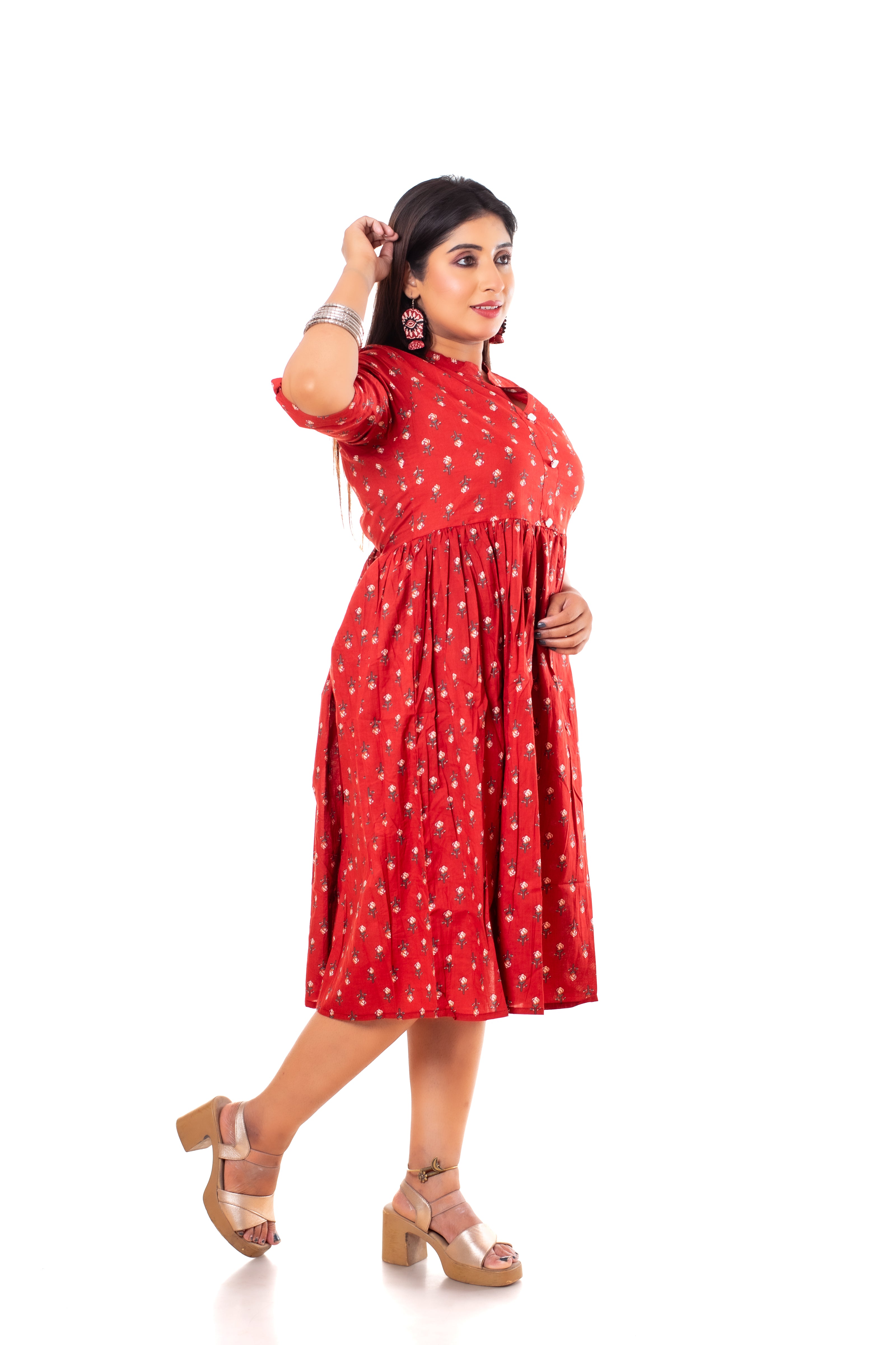 Red Floral Booti Print Cotton A-Line Dress
