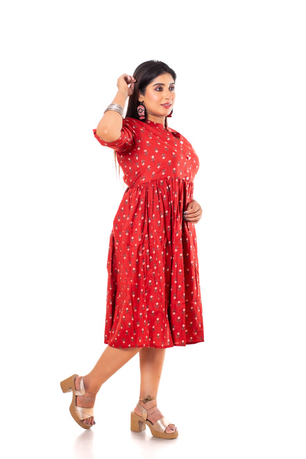 Red Floral Booti Print Cotton A-Line Dress