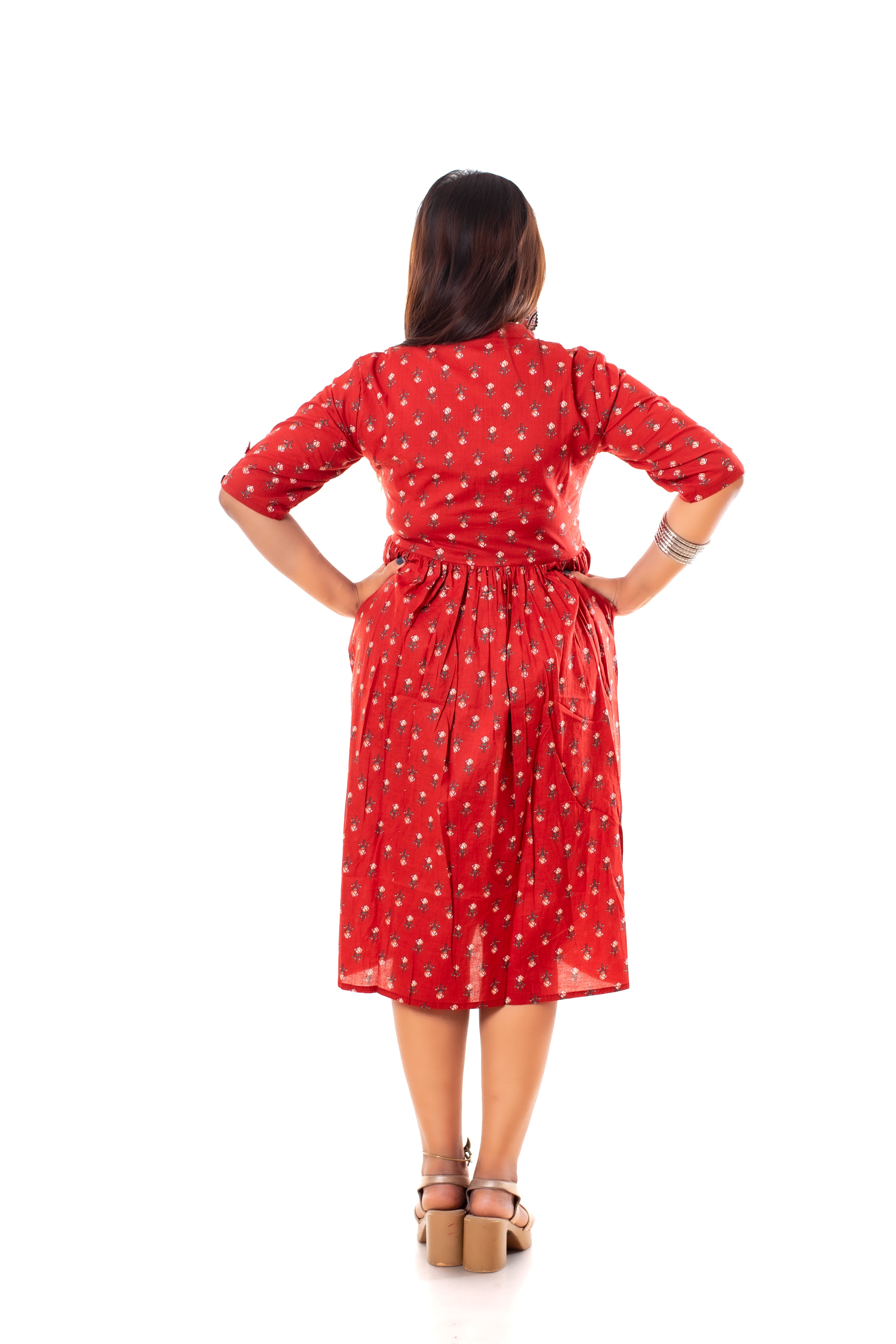 Red Floral Booti Print Cotton A-Line Dress